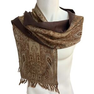 Echo Wool Silk Reversible Paisley Satin Scarf Brown Taupe 72” Vintage